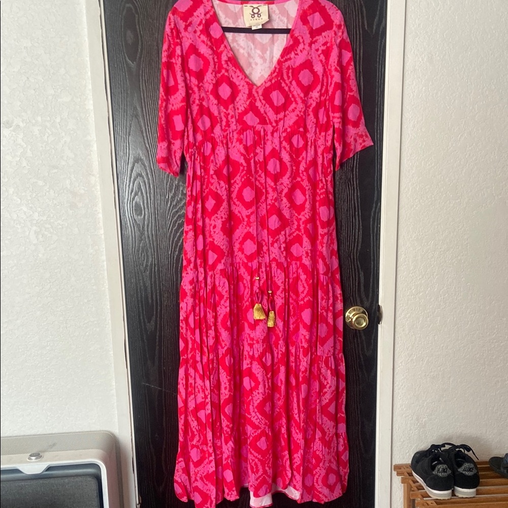 FIGUE Kalila Diamond Print Tiered Maxi Dress in Shibori Pink Size Small